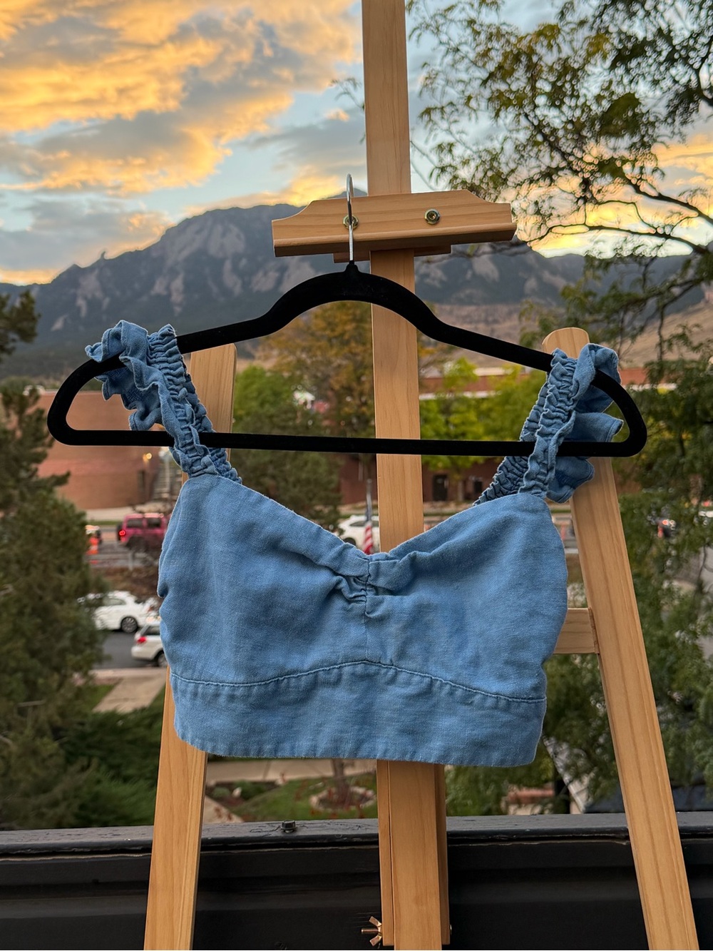 Reformation Blue Linen Crop Top with ruffle straps